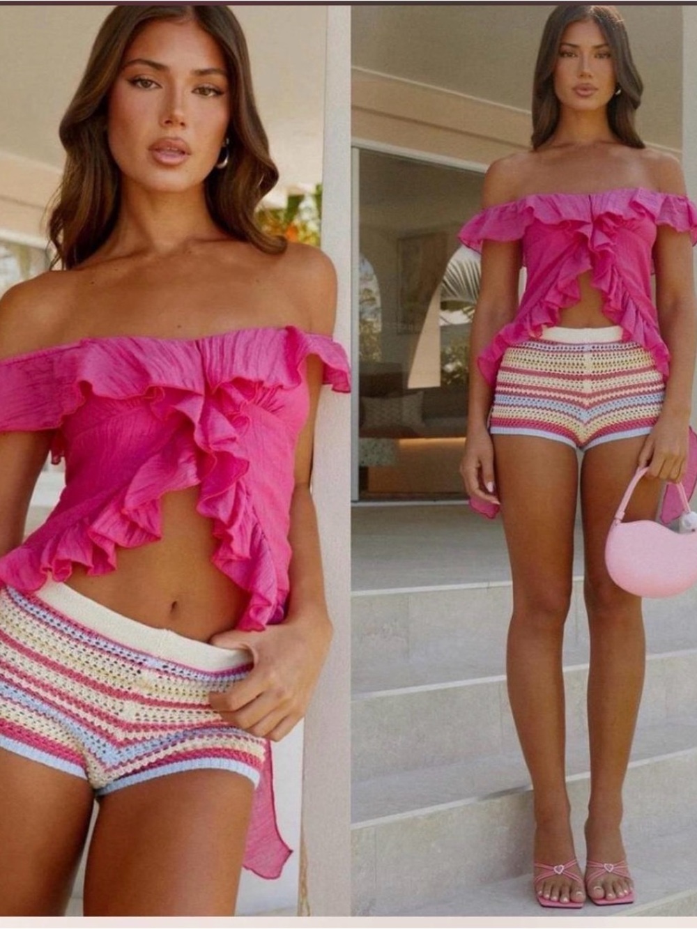 Peppermayo Hot Pink Sheer Ruffled Top and Amazon Shorts  ( SET)